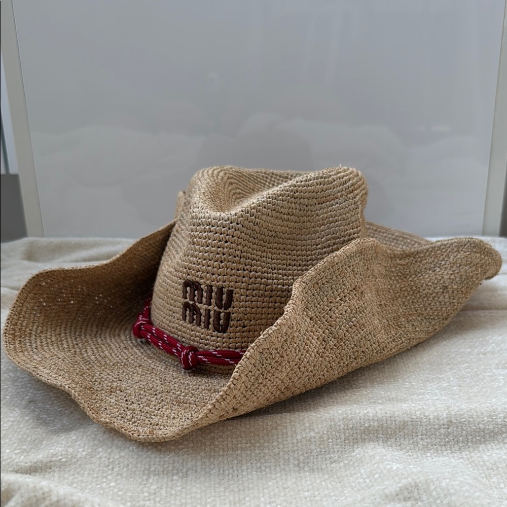 Miu Miu Tan Straw Hat with Red Detail